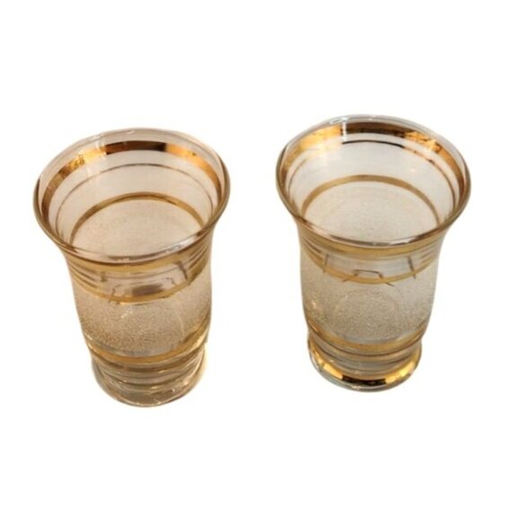 Mid-Century Modern Set Of 2 Frosted Glasses With Gold Stripes 3.25" Tall x 2.25" - Picture 5 of 8
